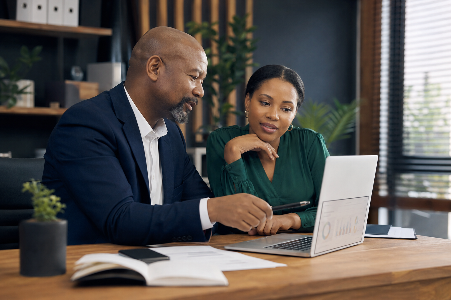 An accountant and entrepreneur reviewing financial information together